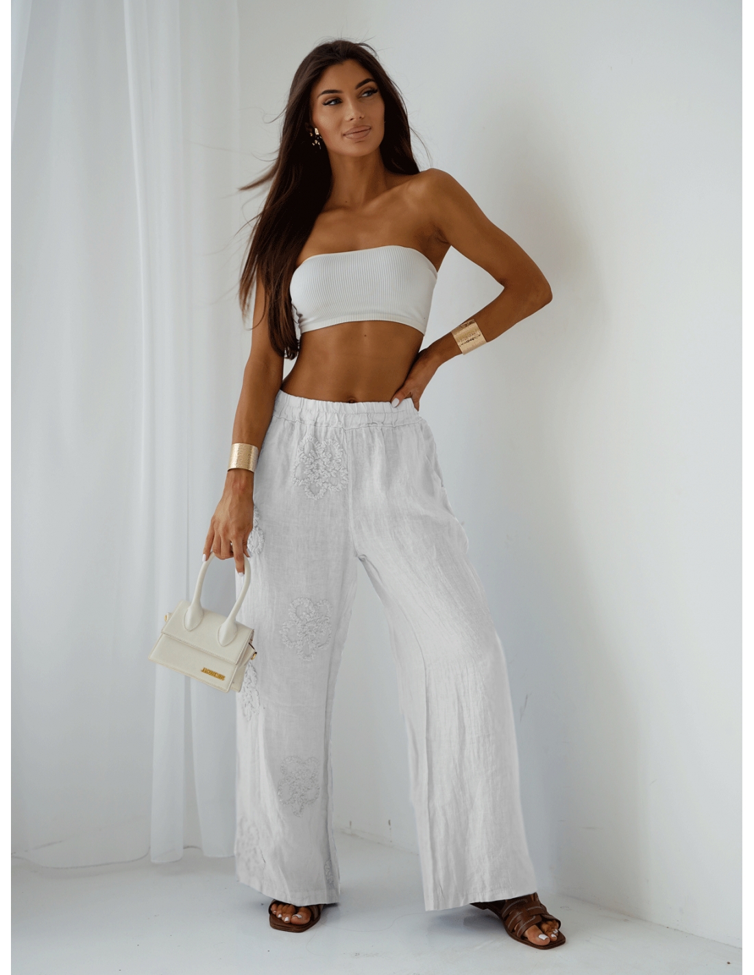 Stylowe lniane spodnie z szerokimi nogawkami ARIELLE