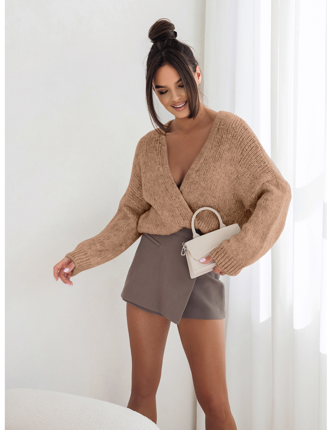 Krótki sweter kardigan oversize z wełną LENA