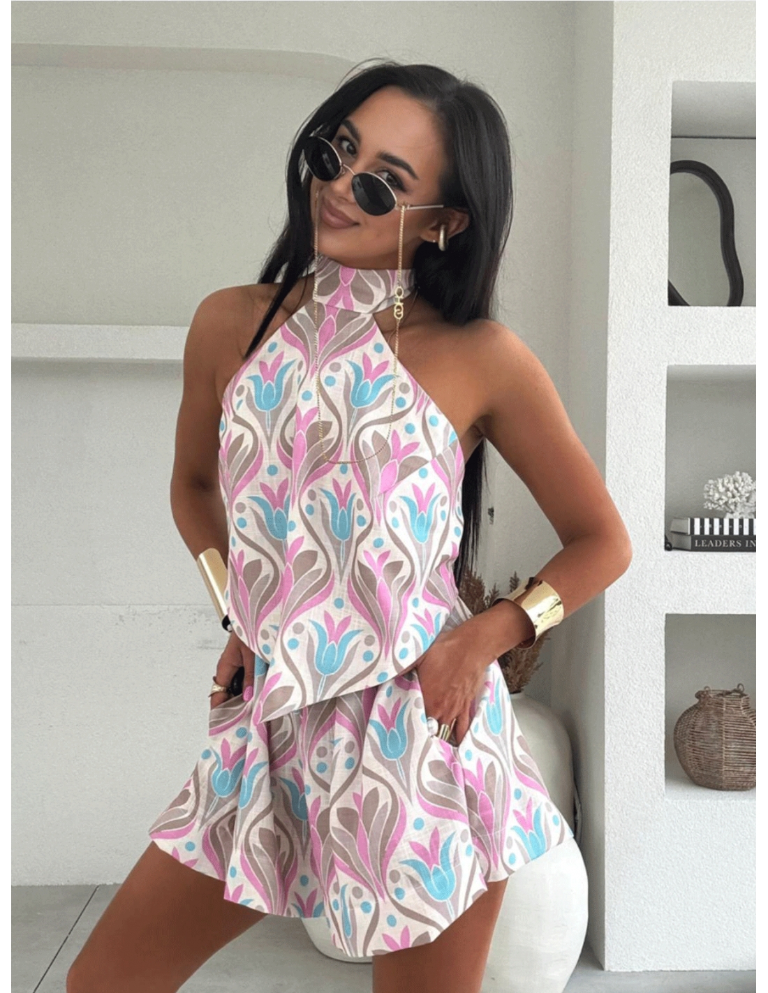 Lniany komplet top halter i szorty ANSLEE