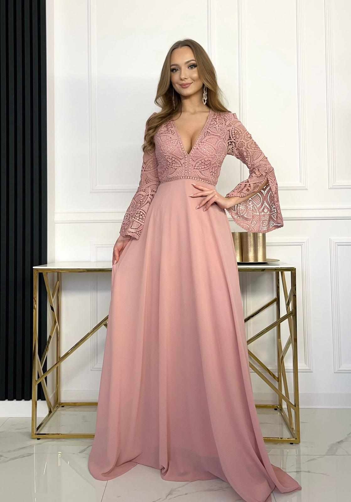 Sukienka Boho z Rękawkiem Melinda Pudrowy Róż