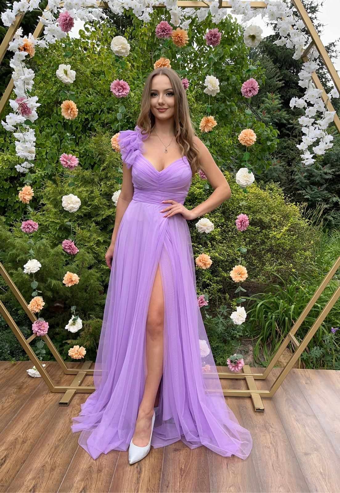 Sukienka Maxi Tiulowa Lucky Lilac Brokatowa