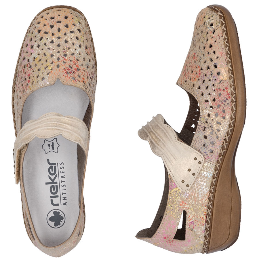 Skórzane półbuty damskie na rzep ażurowe multikolor Rieker 41399