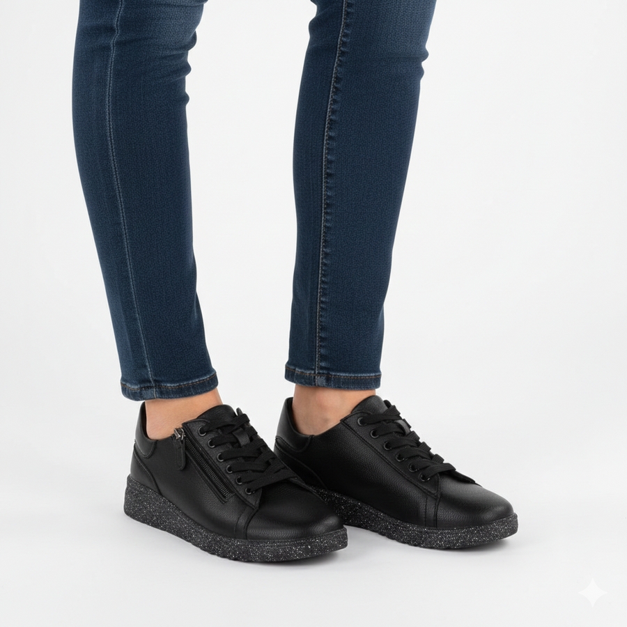 Skórzane półbuty damskie na podwyższeniu czarne Jezzi 138