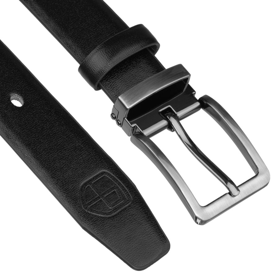 Czarny pasek męski ze skóry ekologicznej z tradycyjną, srebrną klamrą - Peterson
