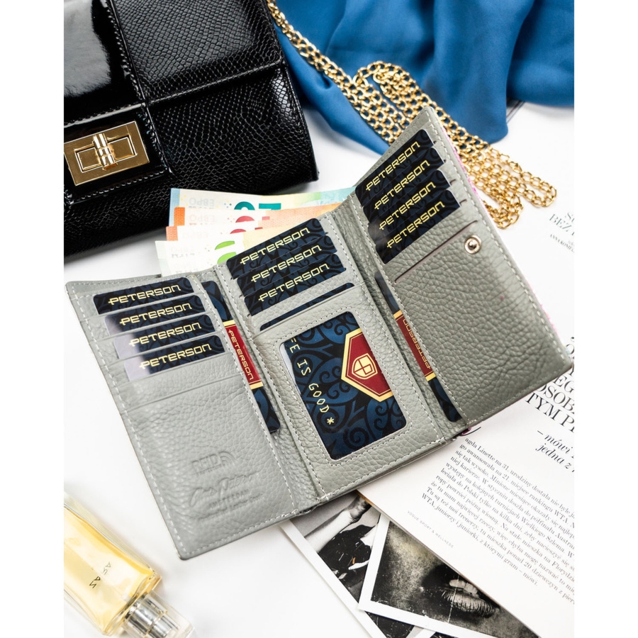 Wielokolorowy portfel damski ze skóry ekologicznej i naturalnej zamykany na bigiel i zatrzask PTN PX23-1-NPK Peterson