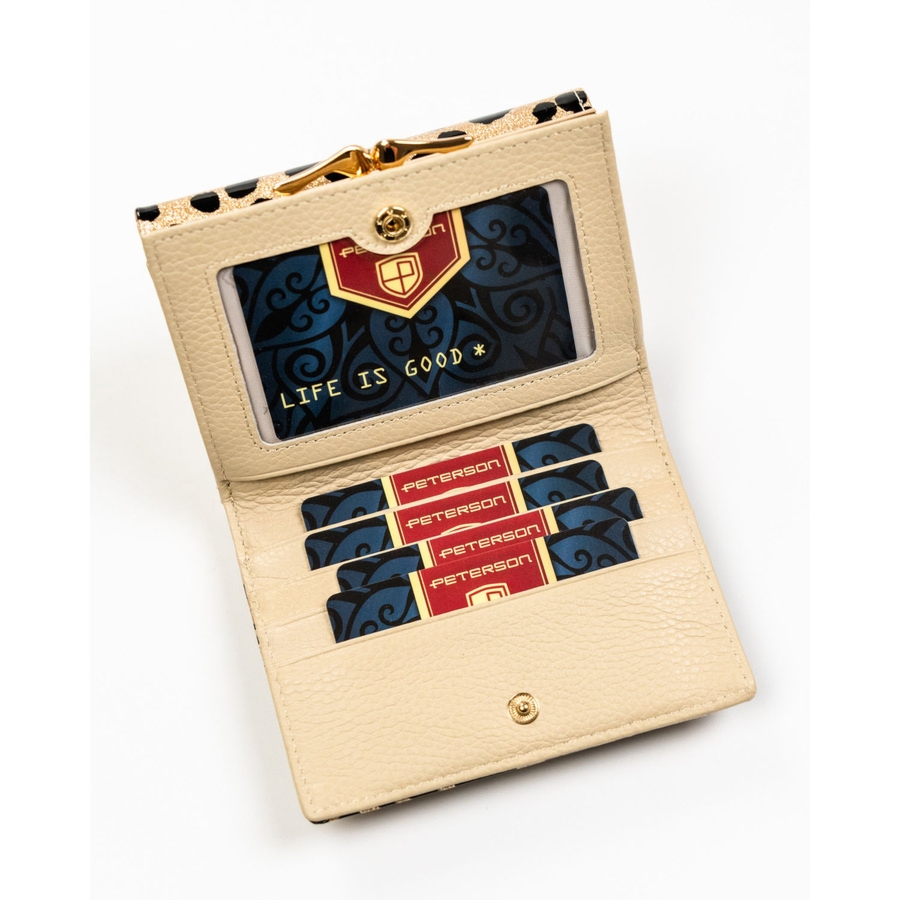 Złoty portfel damski ze skóry ekologicznej i naturalnej w cętki, zamykany biglem i zatrzaskiem - Peterson