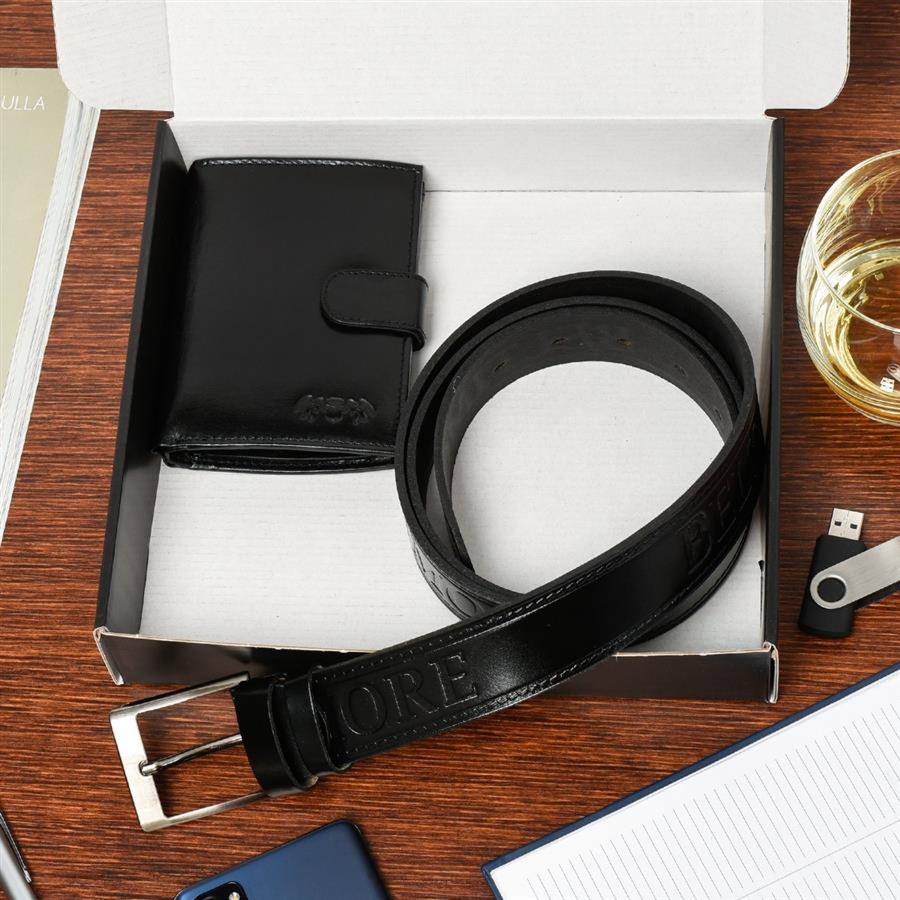 Zestaw męski skórzany premium Beltimore portfel pasek U17 : Kolory - czarny, Rozmiar pasków - r.90-105 cm