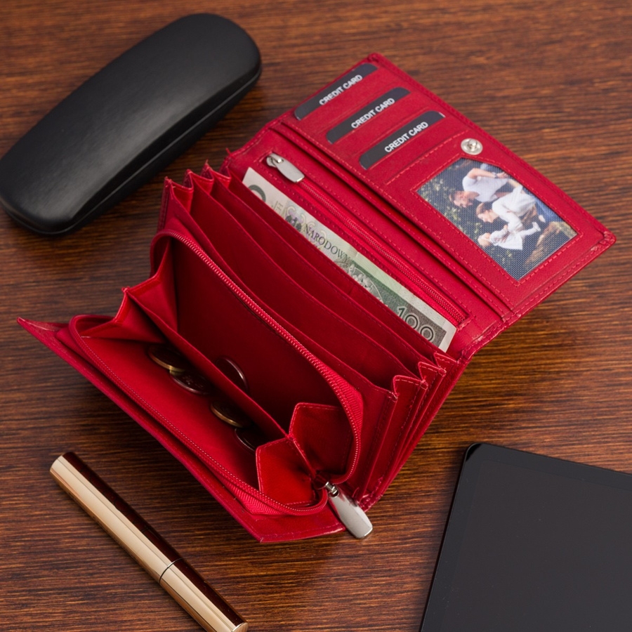 Portfel skórzany damski poziomy RFiD skóra na karty klasyk czerwony Beltimore A03