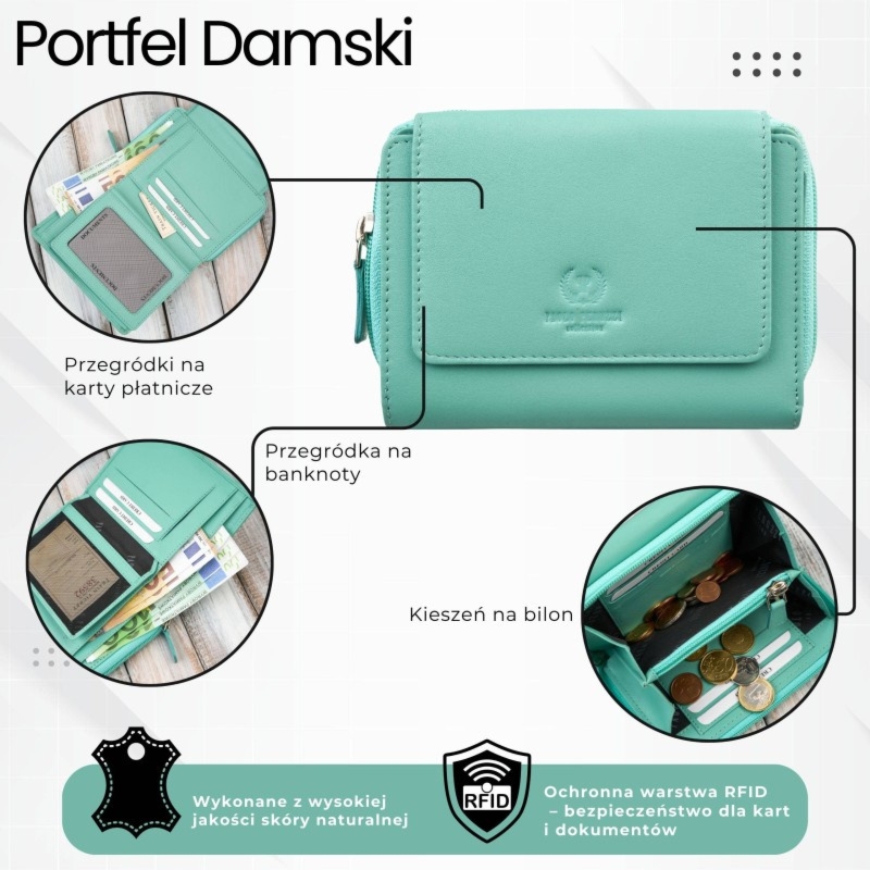 Portfel damski skórzany błękitny duży w orientacji poziomej z RFID Paolo Peruzzi SL-07-CB