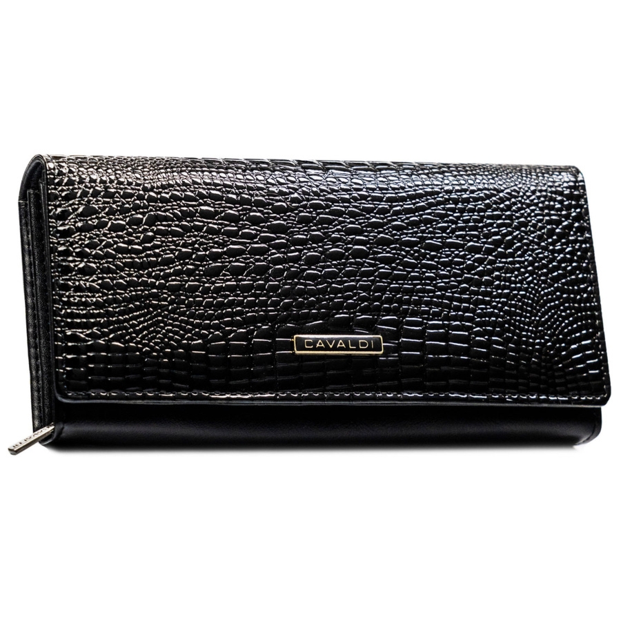 Duży, czarny portfel damski ze skóry naturalnej i ekologicznej, pokryty wzorem imitującym skórę krokodyla PN20-RS 4U Cavaldi