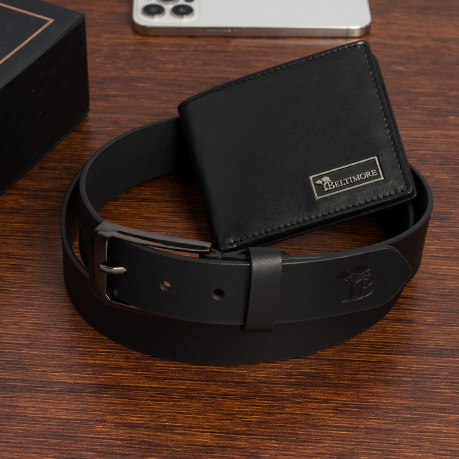 Zestaw prezentowy męski skórzany pasek portfel pudełko premium czarny Beltimore Z21