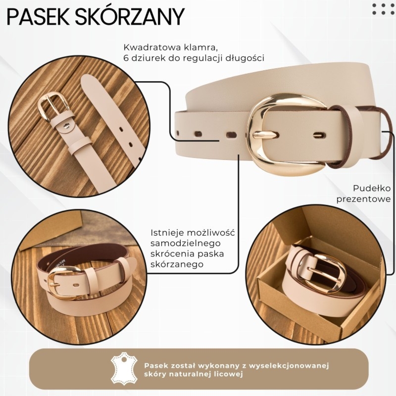 Pasek damski skórzany do spodni 90 cm wąski beżowy licowy złota klamra PG-14-BZ-90