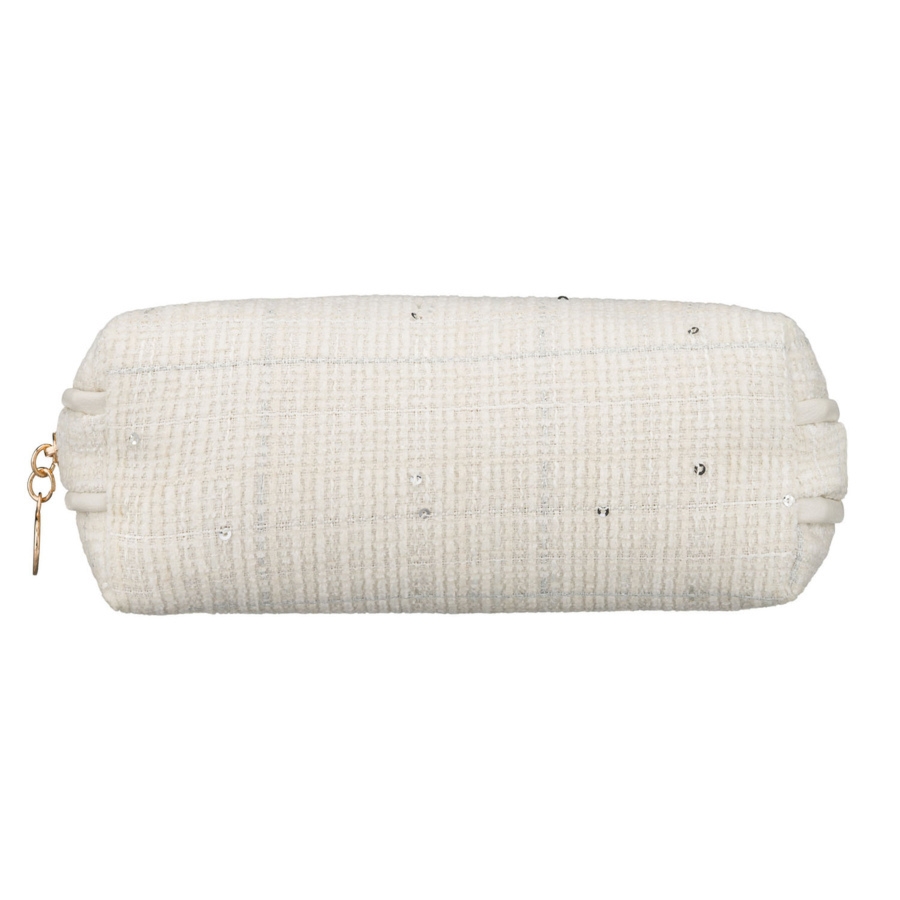 Beżowa kosmetyczka damska wykonana z materiału syntetycznego z ozdobnymi cekinami - Rovicky