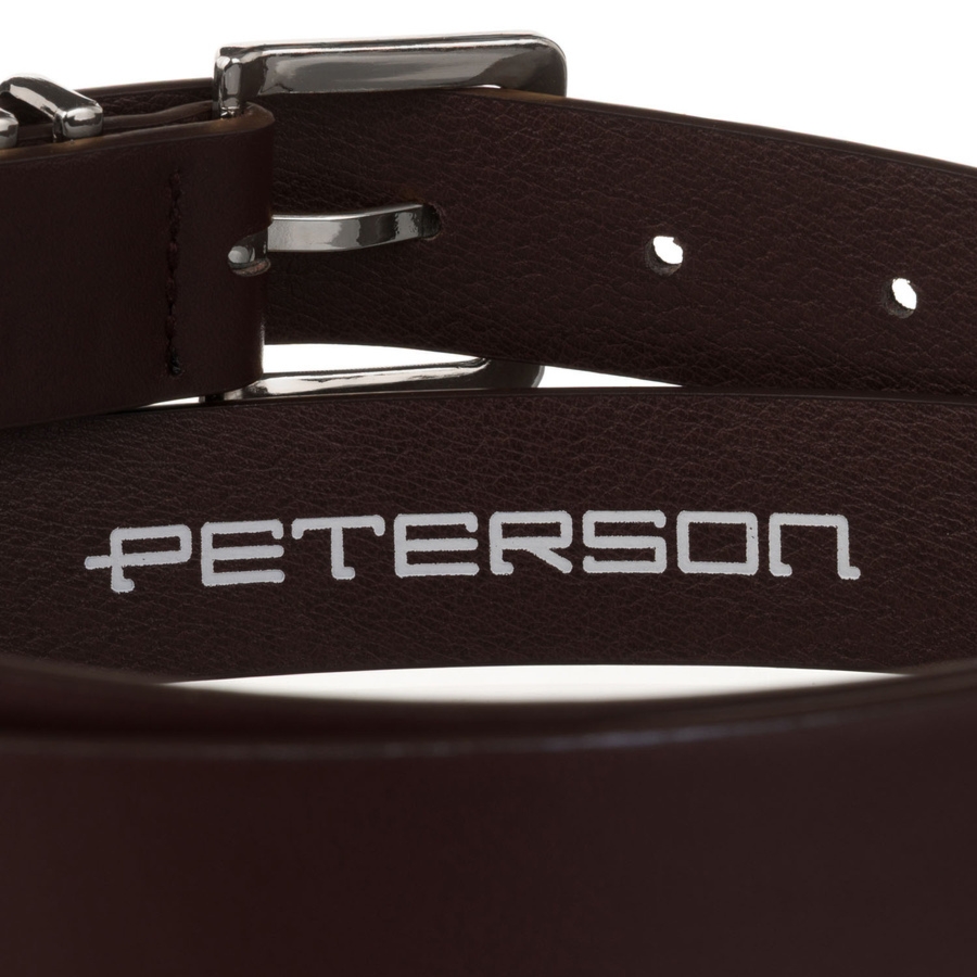 Ciemnobrązowy, wąski pasek damski ze skóry ekologicznej ze srebrną klamrą - Peterson