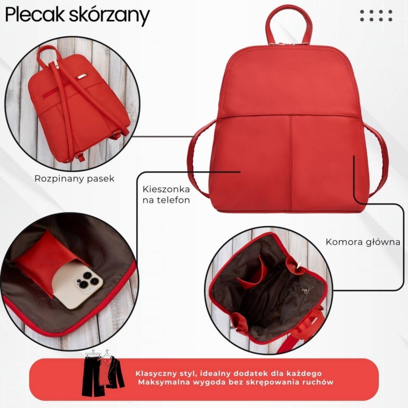 Plecaczek damski skórzany czerwony mały plecak miejski Abruzzo ABR-38-RD