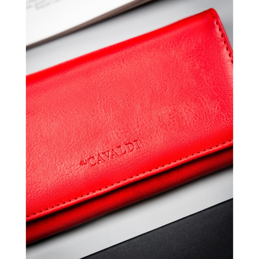 Czerwony, duży portfel damski ze skóry ekologicznej zamykany zatrzaskiem - 4U Cavaldi