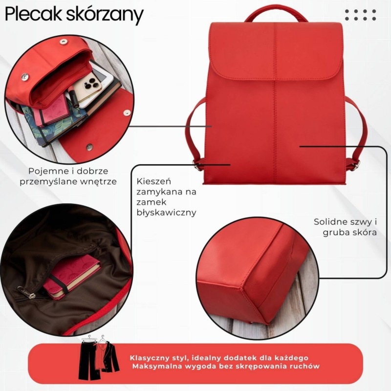 Plecaczek damski skórzany czerwony mały plecak miejski Abruzzo ABR-42-RD