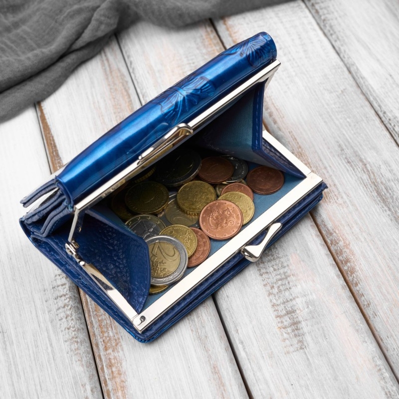 Portfel damski skórzany mały lakierowany z tłoczeniem w motyle niebieski SP-23-DB