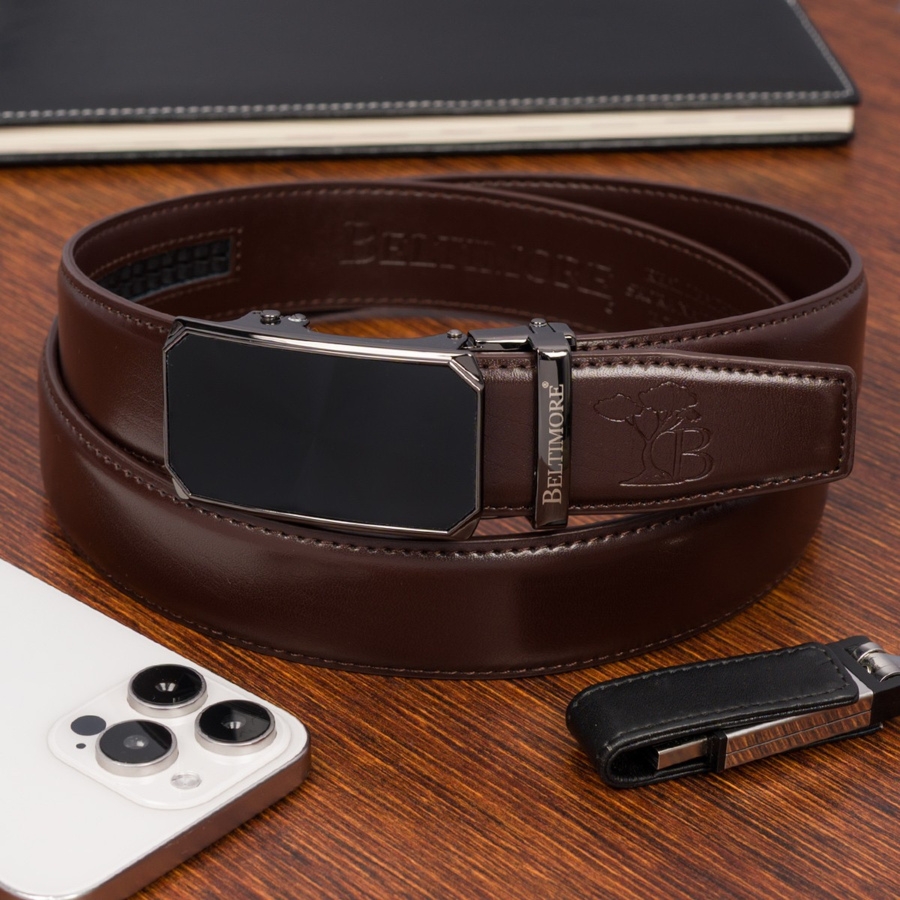 Pasek męski skórzany klamra automatyczna ciemny brąz Beltimore A49 : Kolory - brązowy, beżowy, Rozmiar pasków - r.120-135 cm