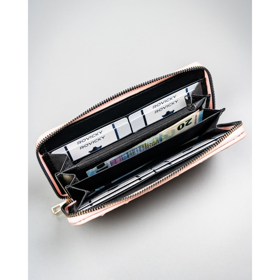 Różowy, duży portfel damski ze skóry ekologicznej w jodełkę zamykany suwakiem - 4U Cavaldi