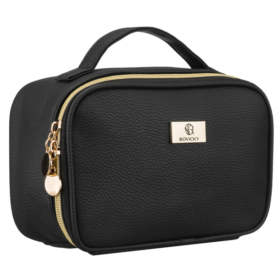 Czarna, praktyczna kosmetyczka ze skóry ekologicznej zamykana suwakiem - Rovicky