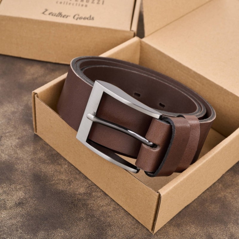 Pasek męski skórzany premium z klasyczną klamrą elegancki brązowy 110 cm Paolo Peruzzi PG-08-BR-110