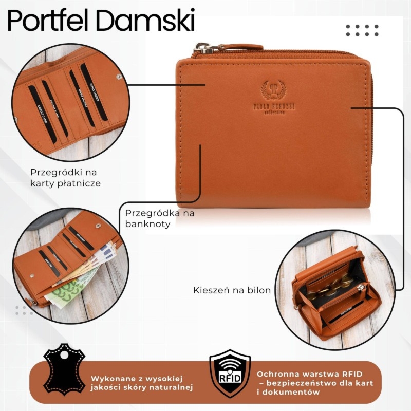 Portfel damski skórzany mały pomarańczowy w orientacji poziomej z RFID Paolo Peruzzi SL-06-OR