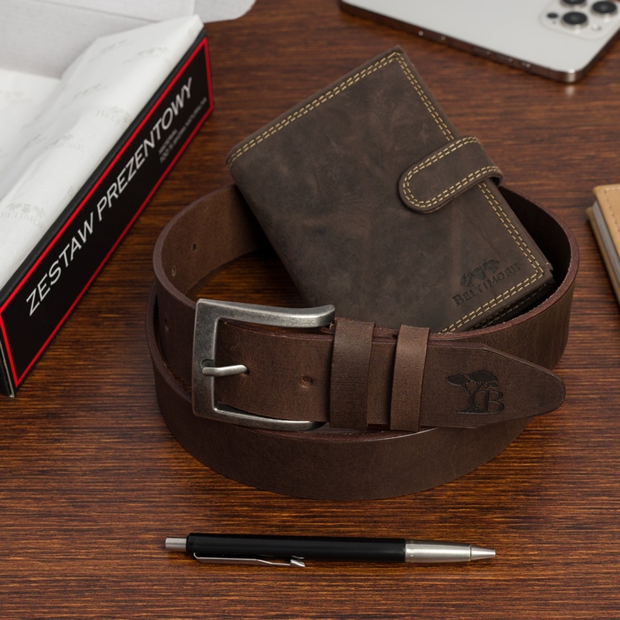 Zestaw prezentowy męski skórzany pasek portfel pudełko premium Beltimore Z54