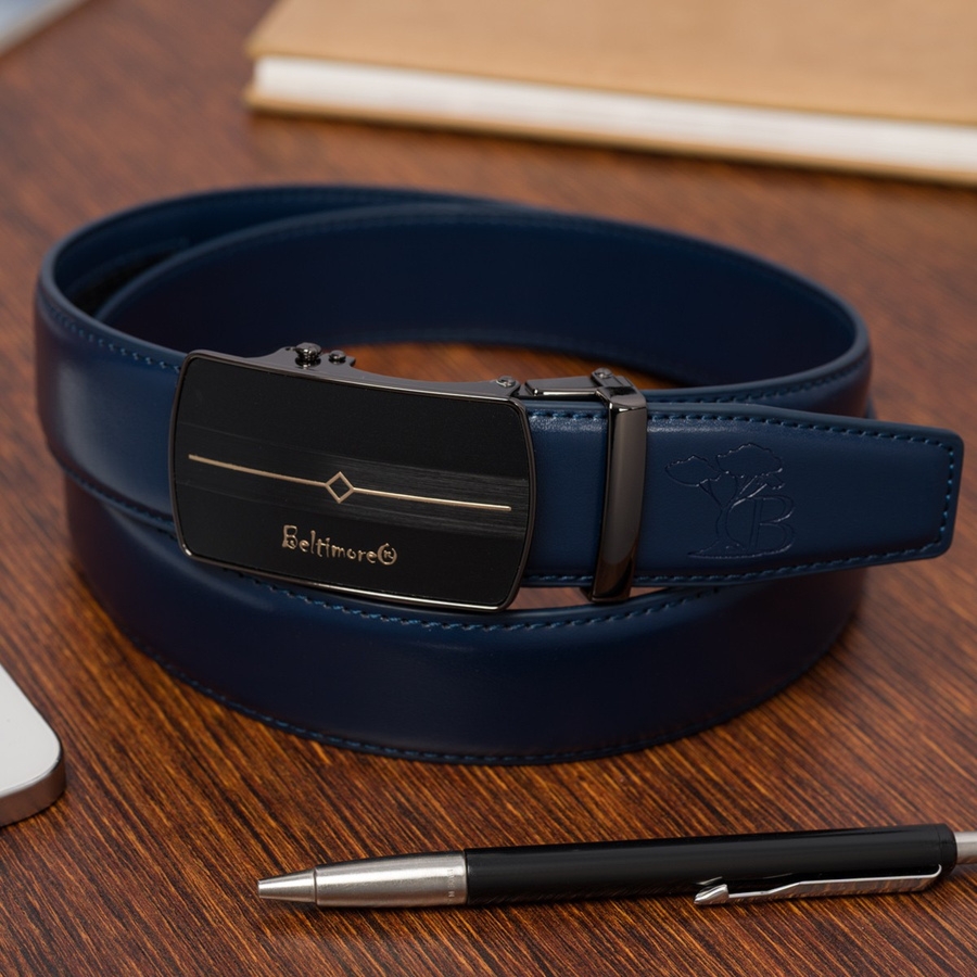 Pasek męski skórzany klamra automatyczna granatowy Beltimore A43 : Kolory - granatowy, Rozmiar pasków - r.105-120 cm