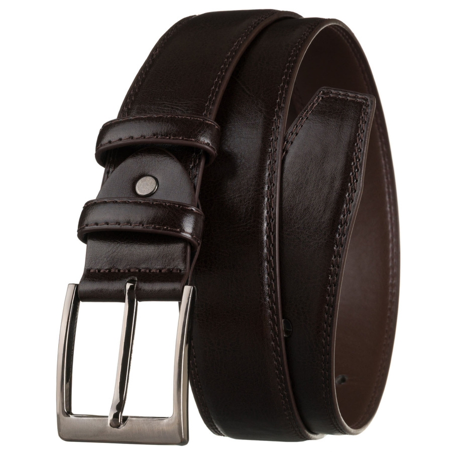 Brązowy pasek męski ze skóry ekologicznej ze srebrną, klasyczną klamrą