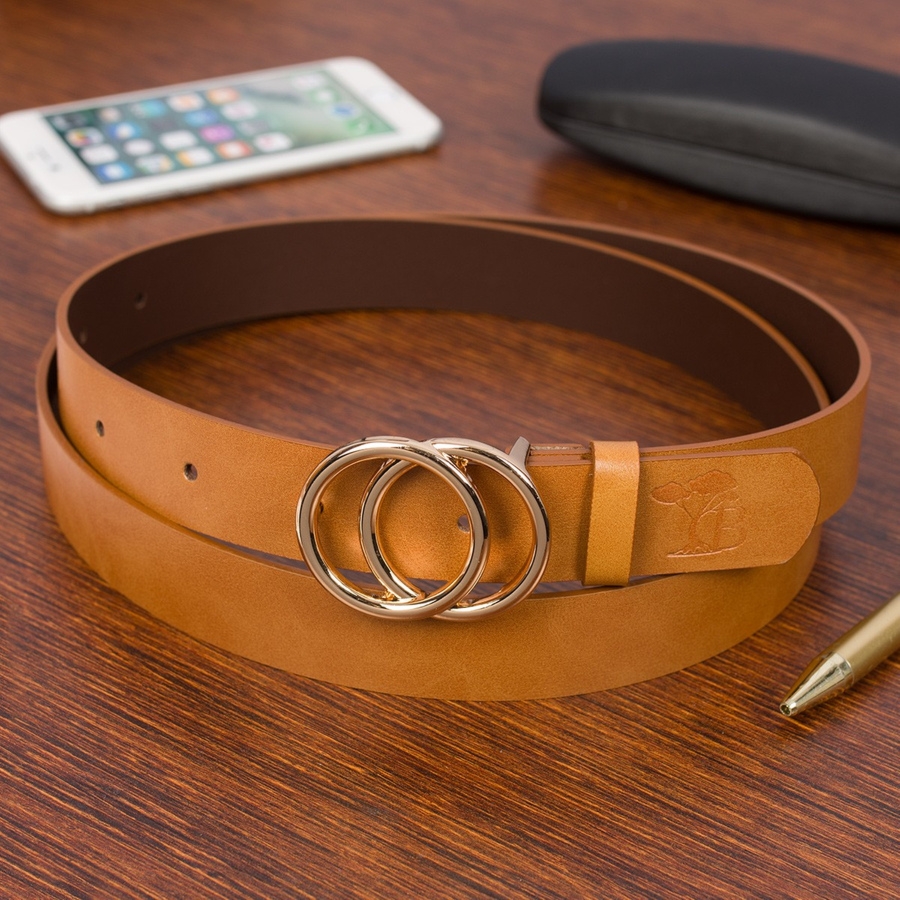 Skórzany pasek damski do spodni sukienki koła klasyczny camel Beltimore B09 : Kolory - brązowy, beżowy, Rozmiar pasków - r.110-125 cm