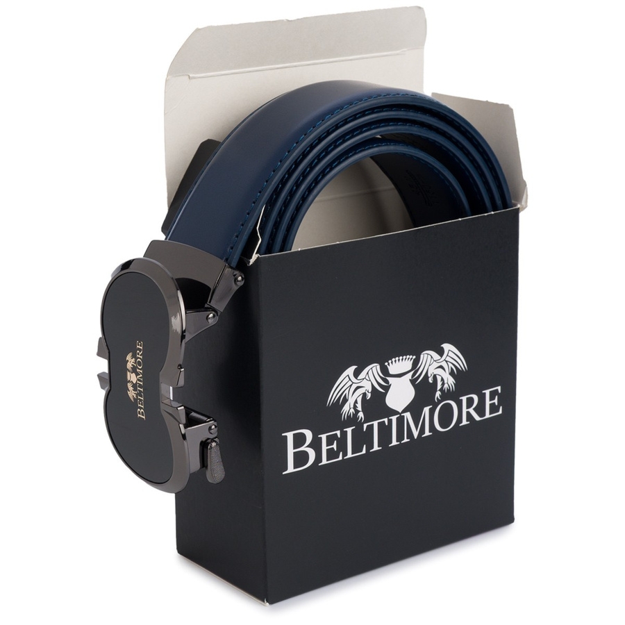 Pasek męski skórzany do spodni casual garnituru automat czarny Beltimore A39 : Kolory - granatowy, Rozmiar pasków - r.120-135 cm