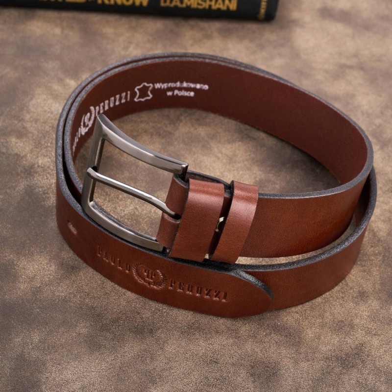 Pasek męski skórzany premium z klasyczną klamrą elegancki koniakowy 130 cm Paolo Peruzzi PG-10-CG-130