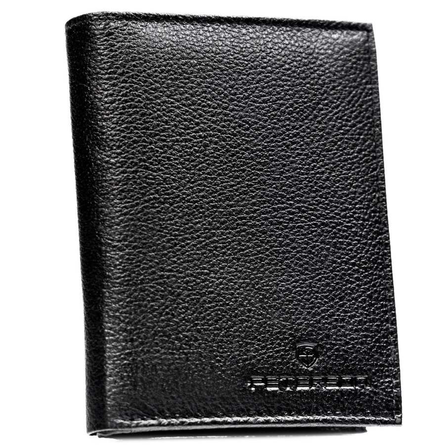 Czarny portfel męski ze skóry naturalnej bez zapięcia zewnętrznego, zapakowany w firmowe pudełko - Peterson