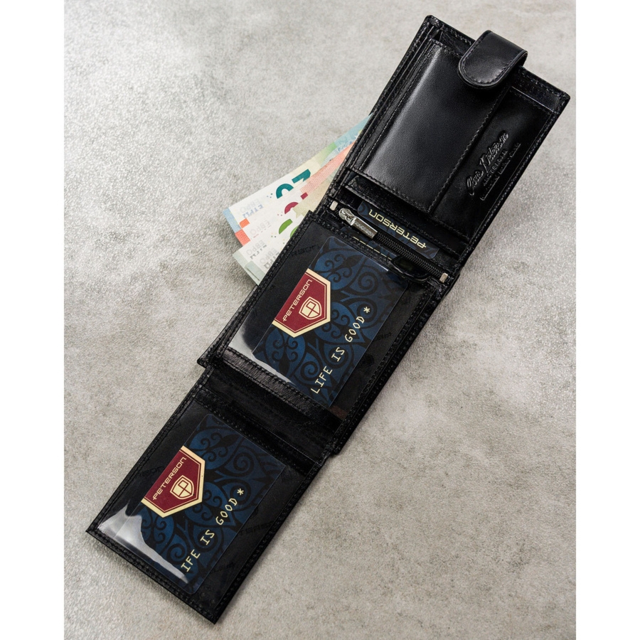 Poziomy, elegancki, czarny portfel męski ze skóry naturalnej zamykany zatrzaskiem - Peterson