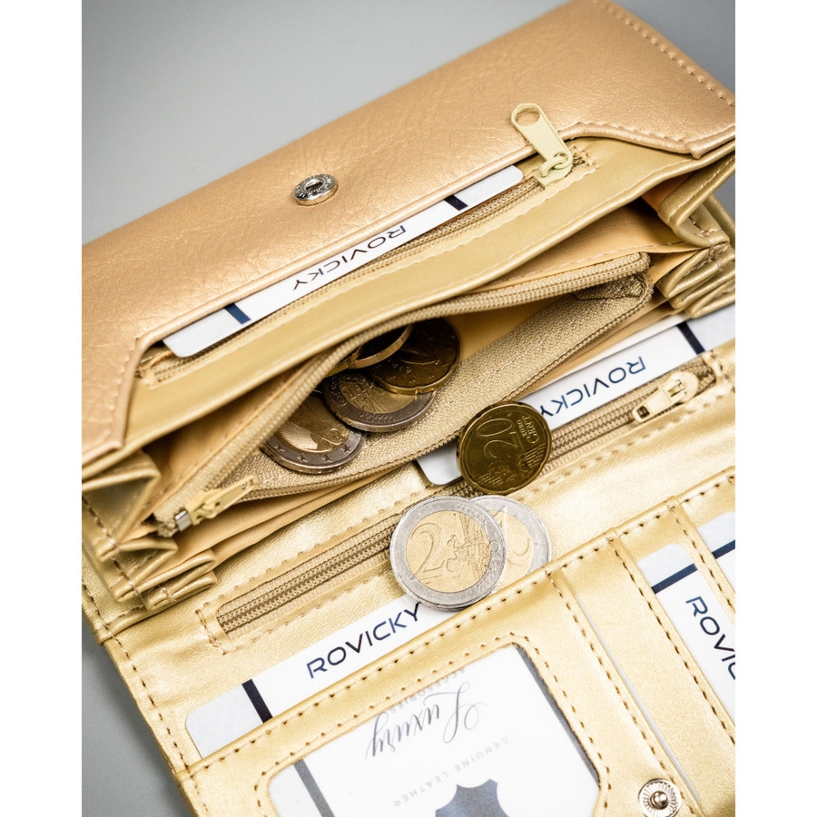 Duży portfel damski ze skóry ekologicznej w złotym kolorze, zamykany zatrzaskiem - 4U Cavaldi