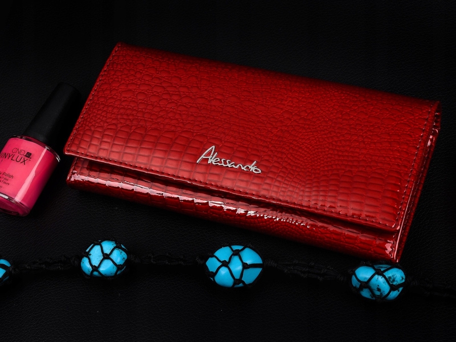 Portfel skórzany damski czerwony duży pudełko RFiD lakierowany Alessandro 01-07