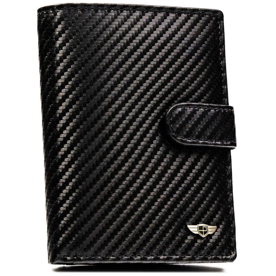 Pionowy portfel męski ze skóry naturalnej w czarnym kolorze wyposażony w system RFID, w zestawie z brelokiem - Peterson