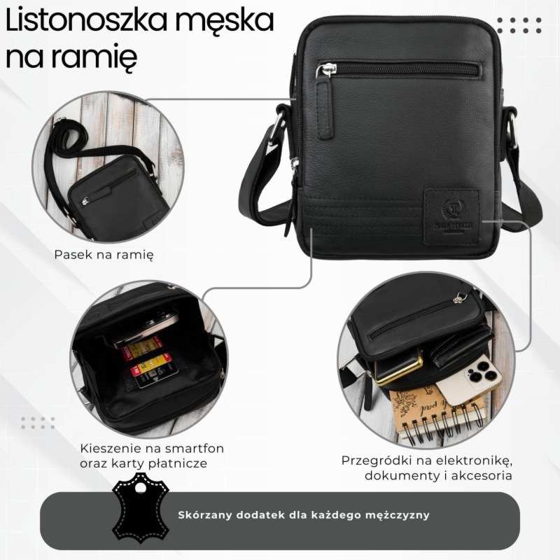 Listonoszka saszetka męska skórzana na ramię czarna Paolo Peruzzi AY-27-BL