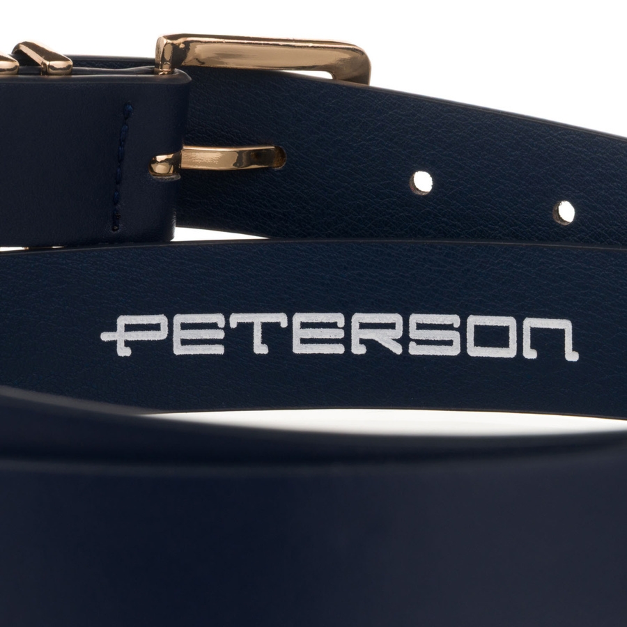 Wąski pasek damski ze skóry ekologicznej w granatowym kolorze ze złotą klamrą - Peterson