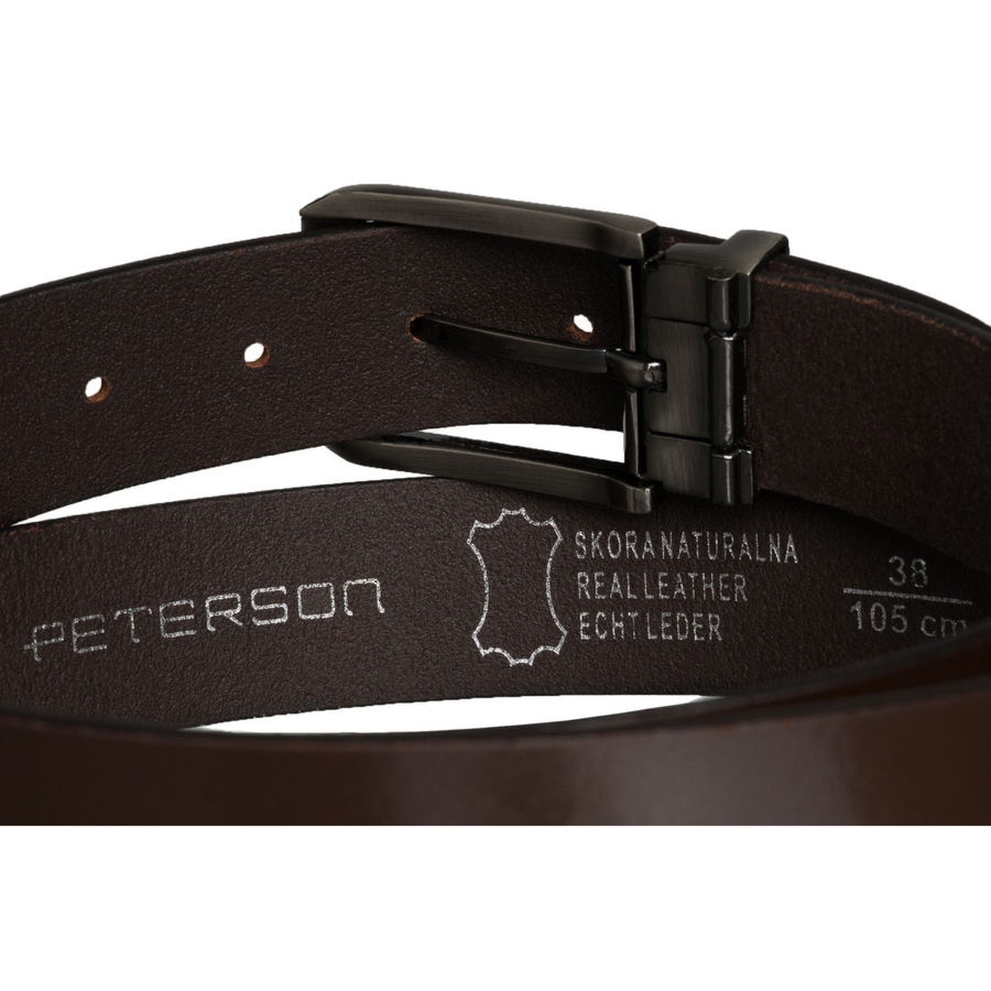 Skórzany, elegancki pasek męski w brązowym kolorze ze srebrną, klasyczną klamrą - Peterson