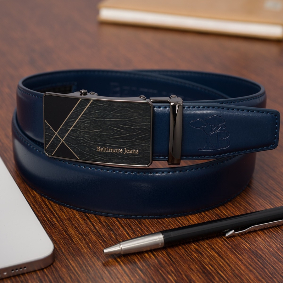 Pasek męski skórzany klamra automatyczna granatowy Beltimore A46 : Kolory - granatowy, Rozmiar pasków - r.120-135 cm