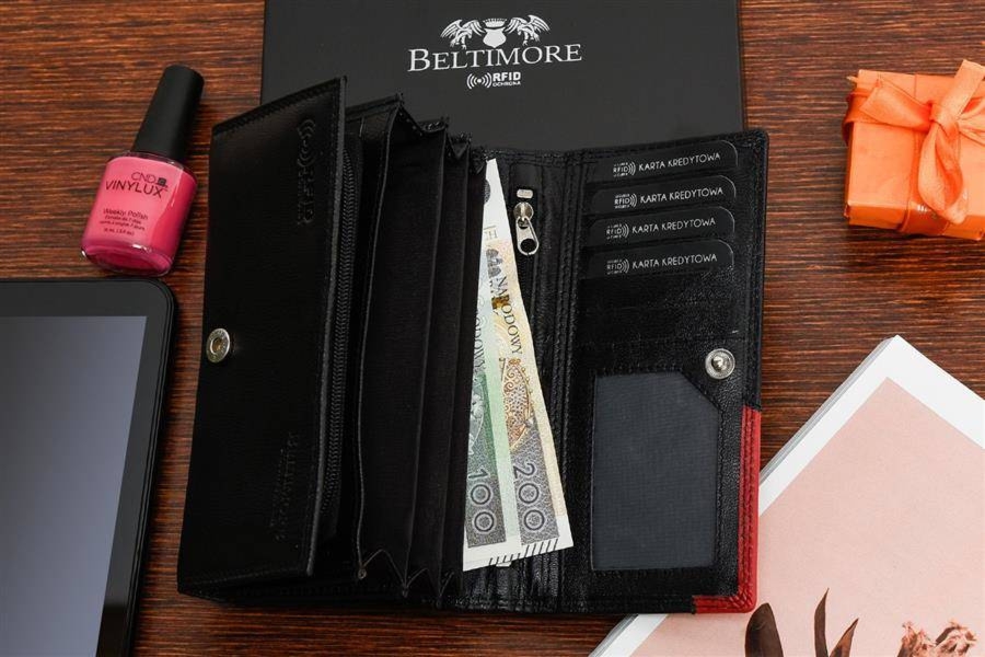 Damski skórzany portfel duży poziomy na suwak RFiD czarny BELTIMORE 042
