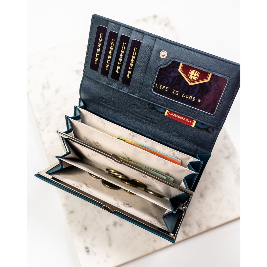 Duży, poziomy portfel damski ze skóry naturalnej i ekologicznej w granatowym kolorze - Peterson