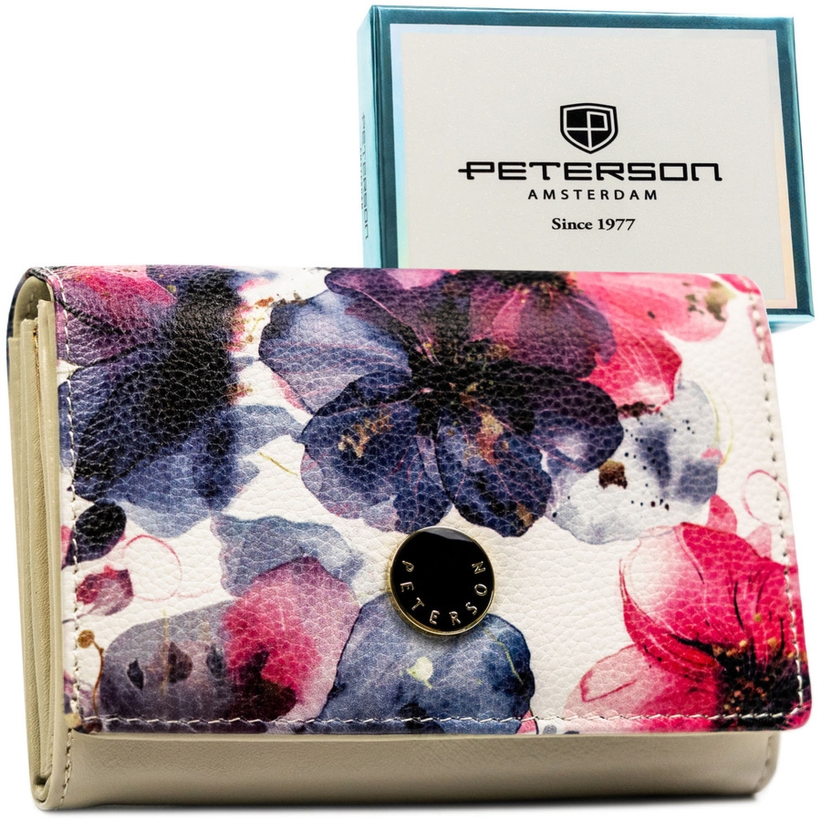 Elegancki portfel damski w kwiaty wykonany ze skóry naturalnej i ekologicznej PTN PX30-PF1 Peterson