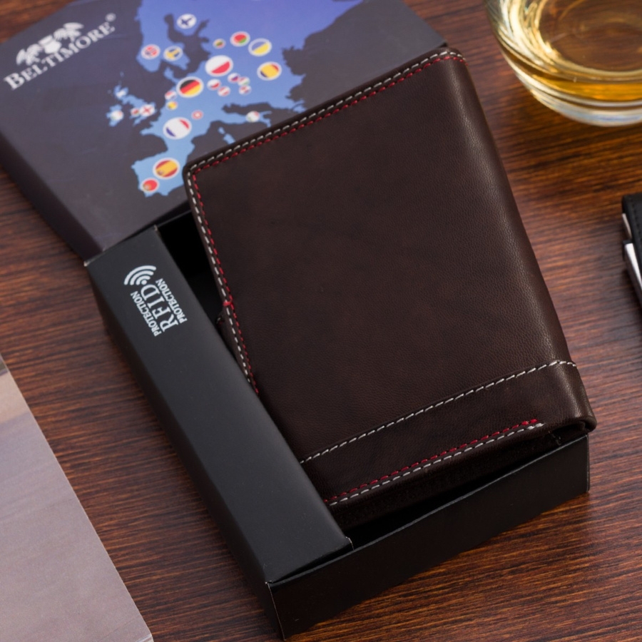 Portfel skórzany męski klasyczny pionowy z flagą brązowy RFiD Beltimore D29