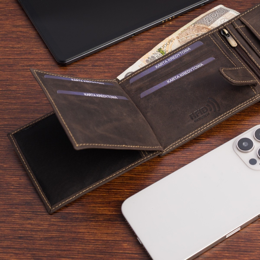 Portfel skórzany męski brąz nubuk poziomy skóra ciężarówka RFiD Beltimore R97