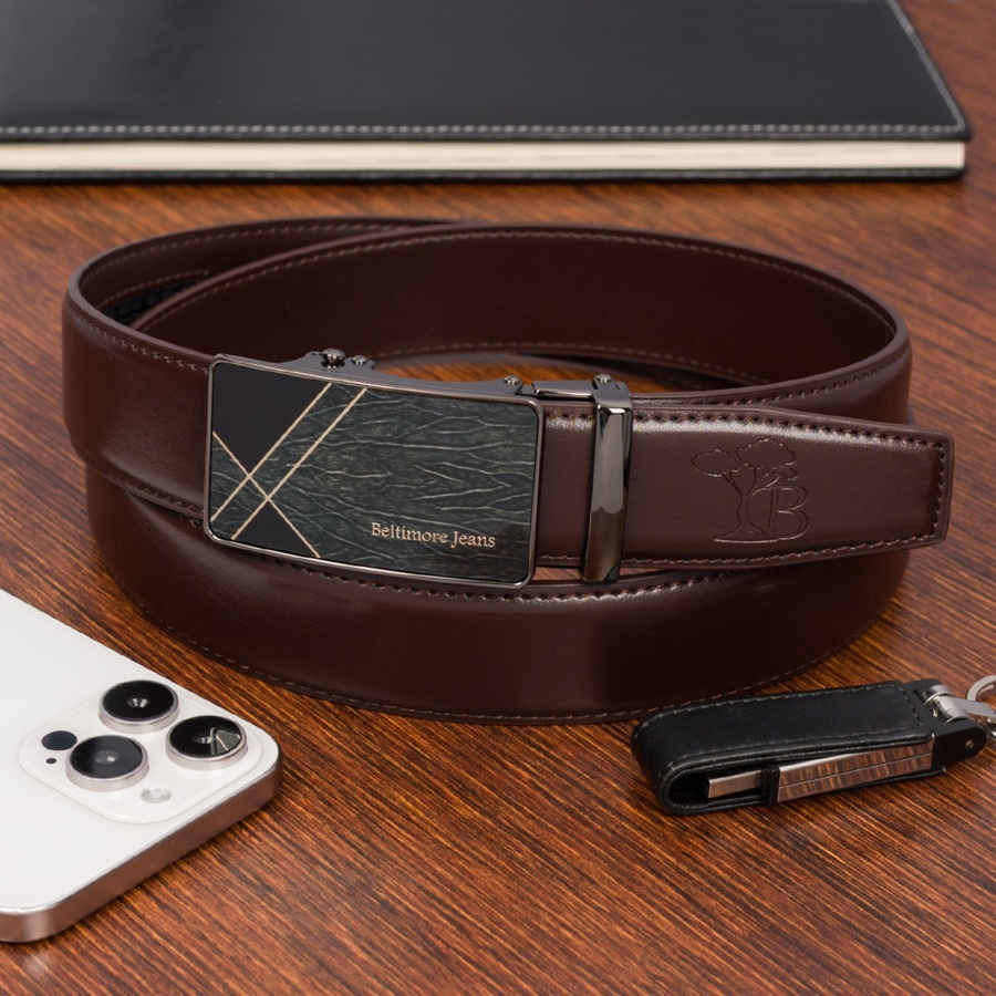 Pasek męski skórzany klamra automatyczna ciemny brąz Beltimore A46 : Kolory - brązowy, beżowy, Rozmiar pasków - r.120-135 cm