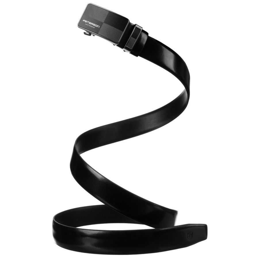 Czarny pasek męski ze skóry naturalnej z automatyczną, czarną klamrą - Peterson