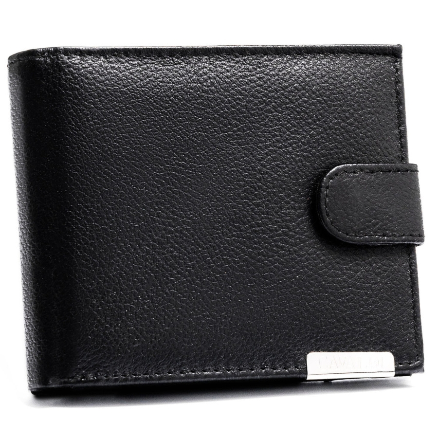Duży portfel męski ze skóry naturalnej w czarnym kolorze zamykany zatrzaskiem - 4U Cavaldi